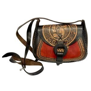 Vintage Leather Crossbody Bag Handmade in Mexico - Red Beige Black - Mint Cond!